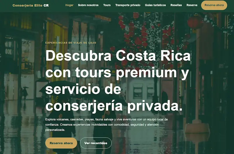 Página web premium para tours y transporte turístico en Costa Rica